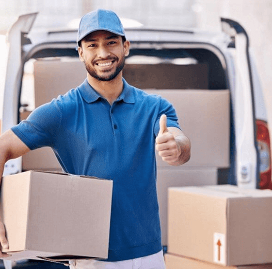 Mover carrying a box with a thumbs up