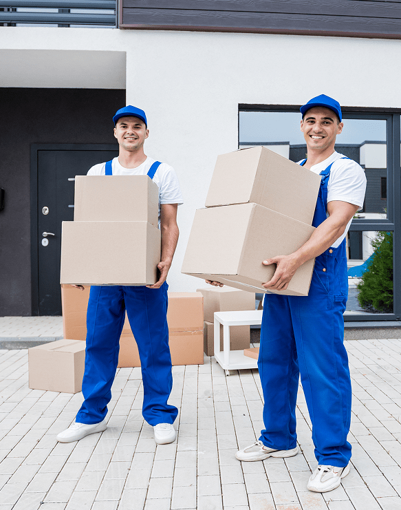 2 movers carrying boxes from a residential property